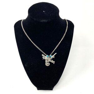 Vintage Comstock Pewter 1999 Flying Dragon Pendant Blue Crystals Fantasy Jewelry